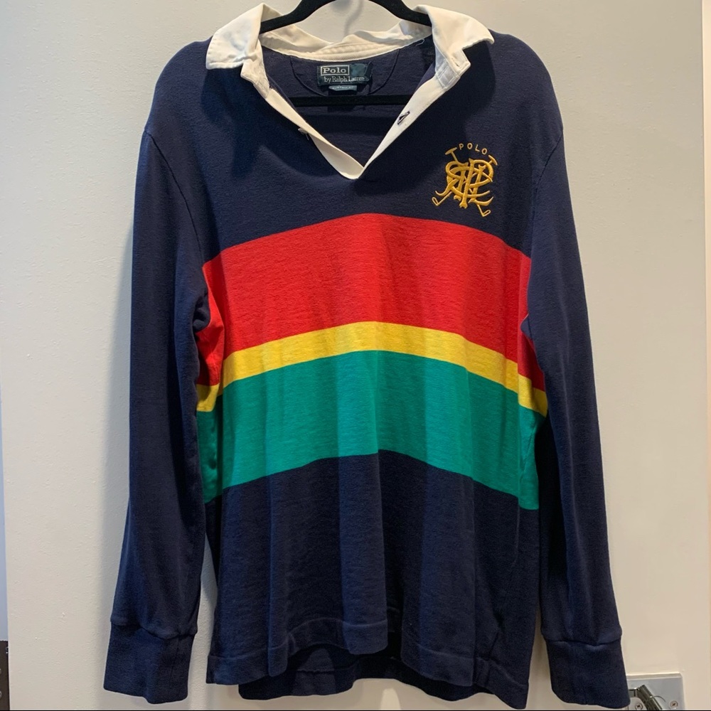 Men’s Preppy Polo by Ralph Lauren long sleeve collared shirt navy color block